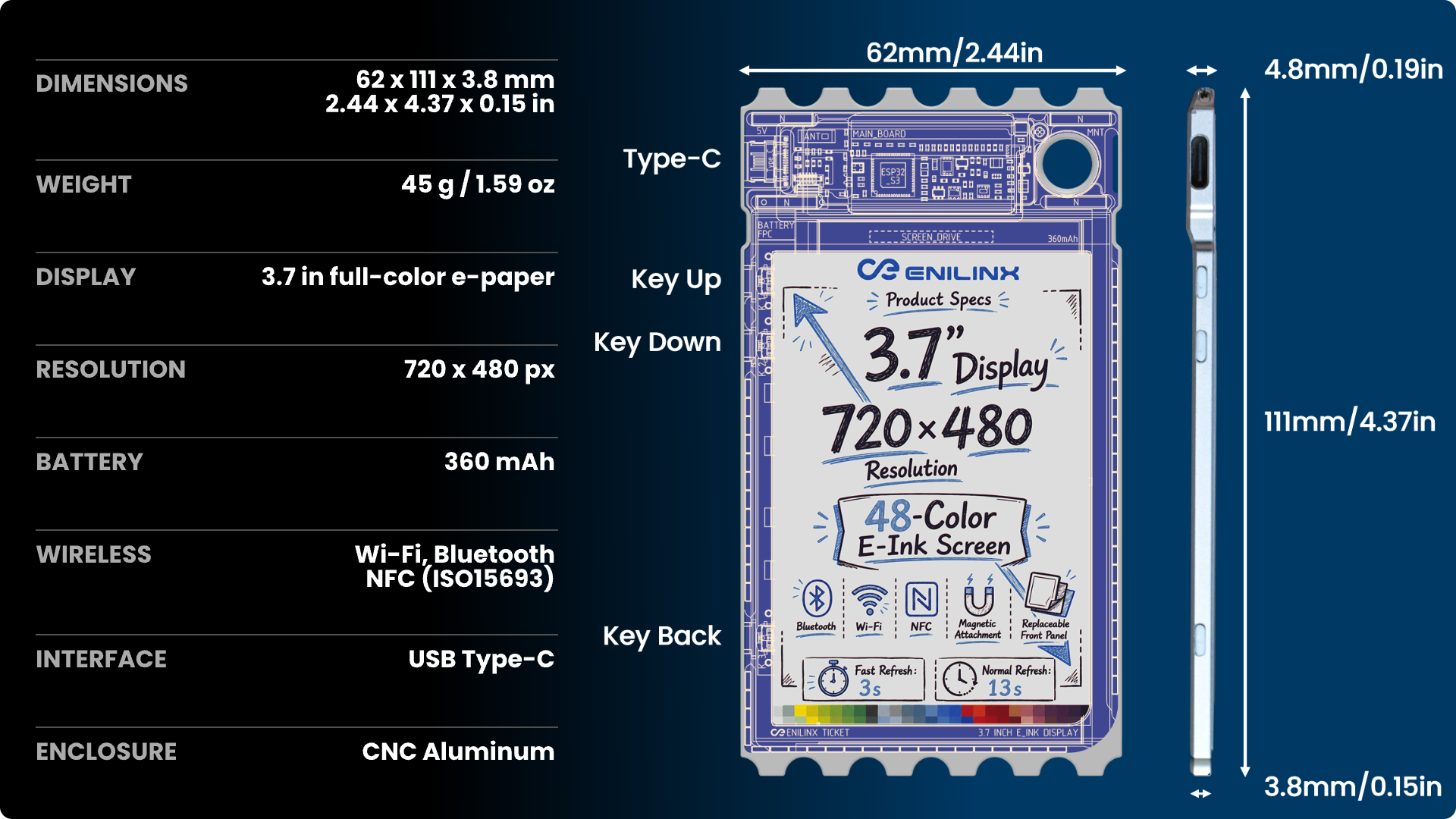 Annotated TICKEY dimensions, controls, battery, display, and wireless specifications